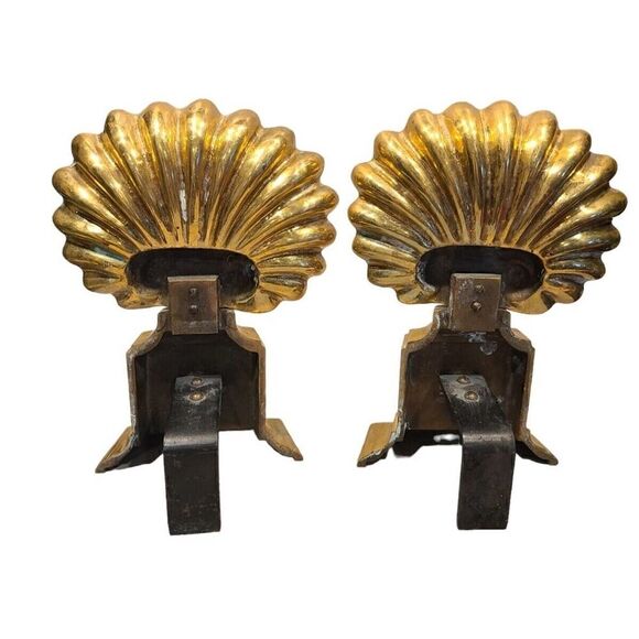 Vintage 12" Brass Art Deco Hollywood Regency Andirons Shell Motif Fireplace EUC - Picture 3 of 10